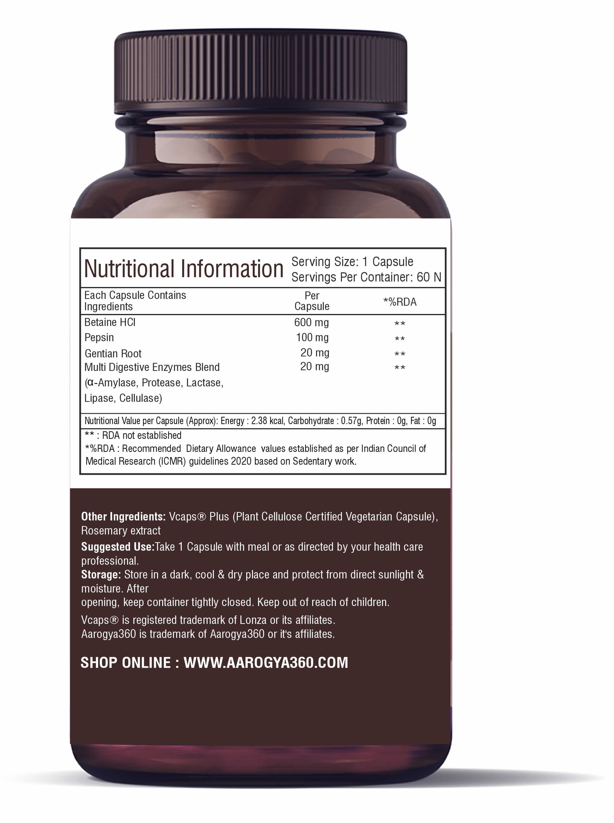 Betaine HCl , Pepsin with Digestive Enzymes Gentian Bitters Aarogya360